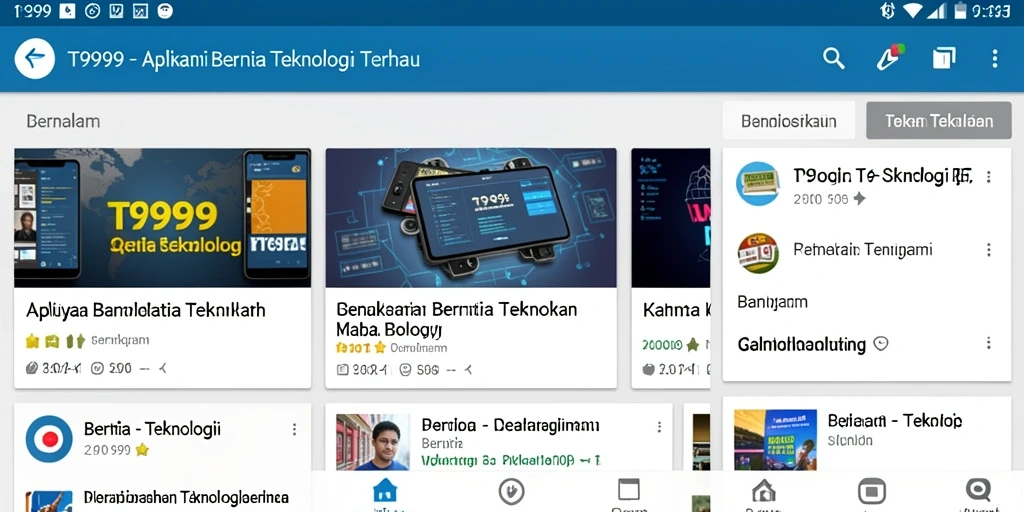 Screenshot aplikasi T9999 dengan antarmuka berita teknologi terbaru.